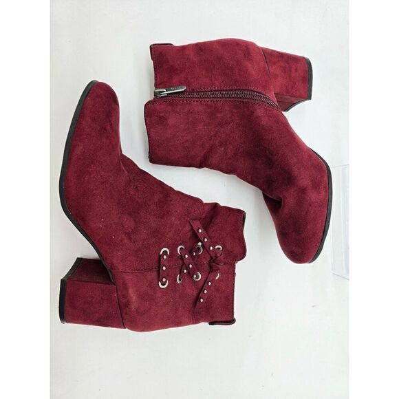 Wine Red Suede Ankle Boots With Chunky Heel & Side Zipper Sz 7.5 - Picture 5 of 7